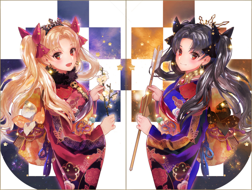 2girls :d black_bow black_hair blonde_hair bow closed_mouth commentary_request cowboy_shot crown earrings ereshkigal_(fate/grand_order) eyebrows_visible_through_hair fate/grand_order fate_(series) from_side fur_collar hair_bow holding ishtar_(fate/grand_order) japanese_clothes jewelry kimono long_hair long_sleeves looking_at_viewer looking_to_the_side multiple_girls obi open_mouth red_bow red_eyes sash shutsuri smile standing symmetry tohsaka_rin twintails wide_sleeves