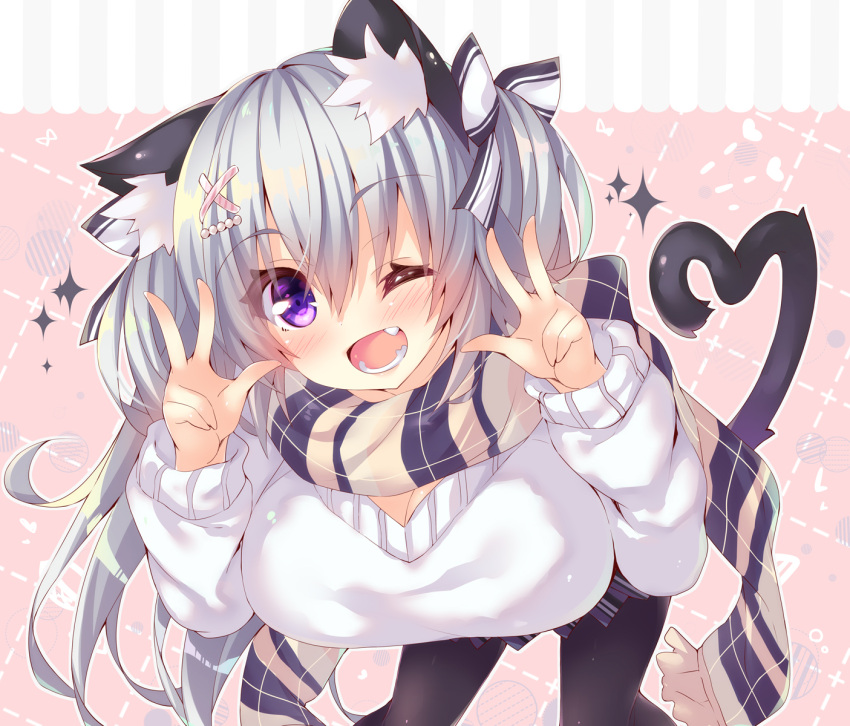 1girl ;d animal_ears bangs bent_over black_legwear blush cat_ears cat_girl cat_tail commentary_request double_v eyebrows_visible_through_hair fang hair_between_eyes head_tilt heart heart_tail highres looking_at_viewer one_eye_closed ooji_cha open_mouth original oziko_(ooji_cha) pantyhose plaid plaid_skirt pleated_skirt purple_skirt scarf side_ponytail silver_hair skirt smile solo sparkle sweater tail v violet_eyes white_sweater