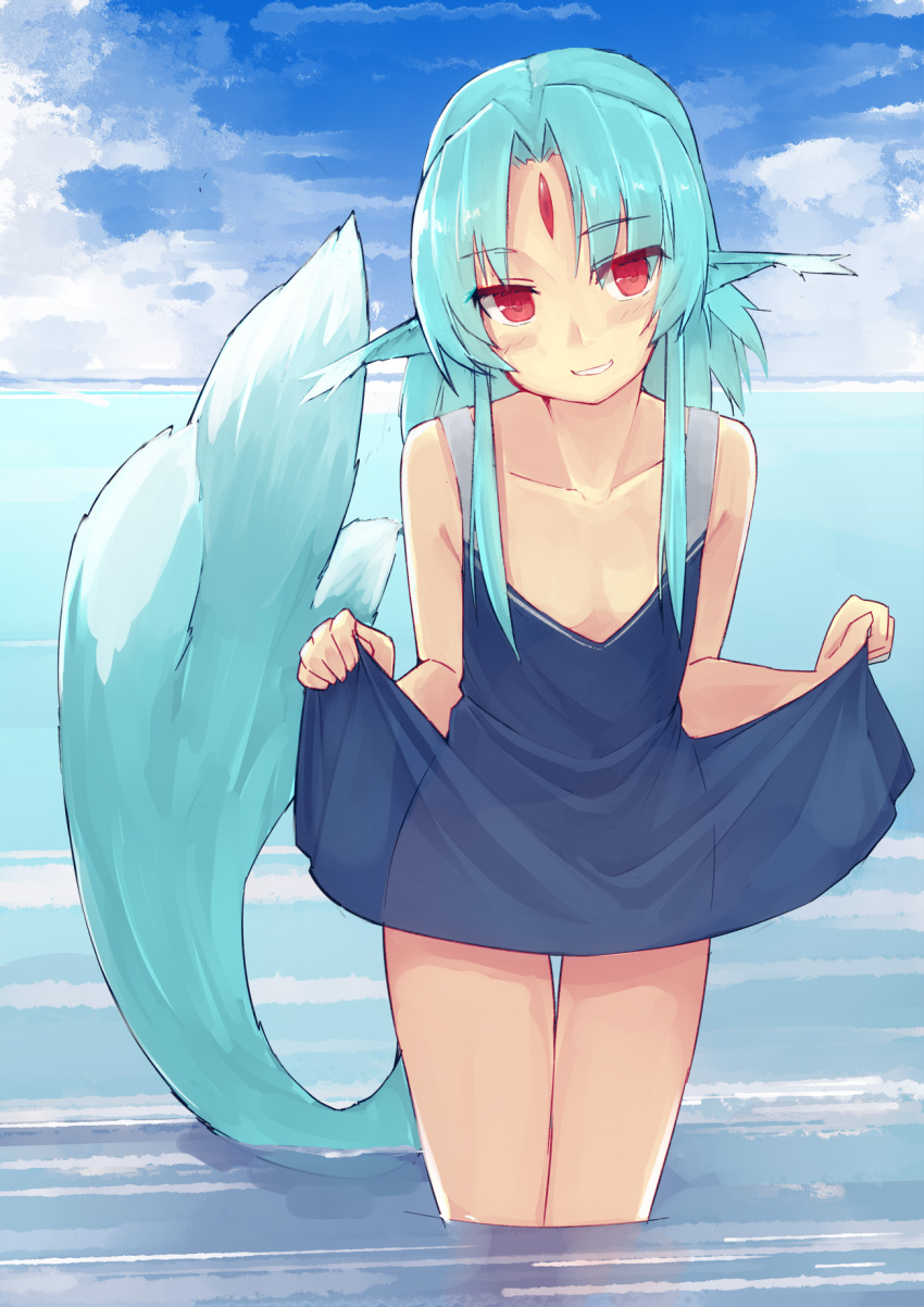 1girl animal_ears bare_arms bare_shoulders blue_dress blue_hair blush breasts day dress dress_lift eyebrows_visible_through_hair facial_mark forehead_mark head_tilt highres lifted_by_self long_hair looking_at_viewer ocean original outdoors parted_lips pen_(pen3) red_eyes see-through_silhouette small_breasts smile solo standing tail thigh_gap wading