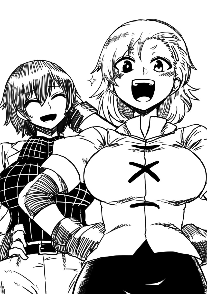 2girls :d arm_up belt blush breasts commentary_request cowboy_shot fingerless_gloves gloves greyscale hand_on_hip hands_on_hips heterochromia highres himajin_no_izu horikawa_raiko large_breasts looking_at_viewer monochrome multiple_girls open_mouth short_hair short_sleeves simple_background smile sparkle sweat tatara_kogasa touhou white_background