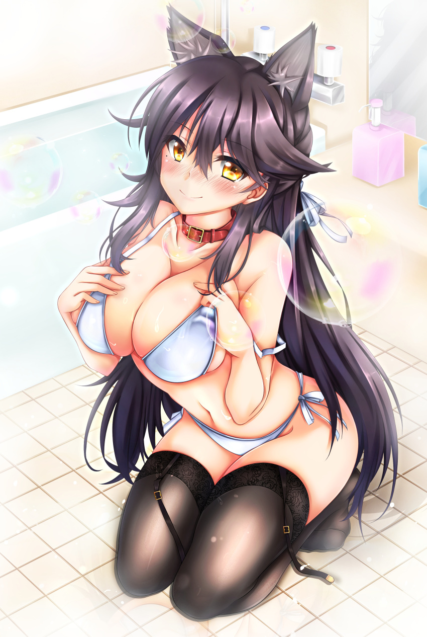 1girl absurdres animal_ears atago_(azur_lane) azur_lane bathroom bathtub bikini black_hair black_legwear blush bottle breast_suppress breasts brown_eyes bubble closed_mouth collar collarbone eyebrows_visible_through_hair full_body garter_straps hair_between_eyes hair_flaps hair_ribbon half_updo hand_under_clothes highres kneeling lace lace-trimmed_thighhighs large_breasts long_hair looking_at_viewer mirror nose_blush on_floor ribbon side-tie_bikini siki2046 smile solo strap_slip swimsuit thigh-highs tile_floor tiles very_long_hair water white_bikini white_ribbon