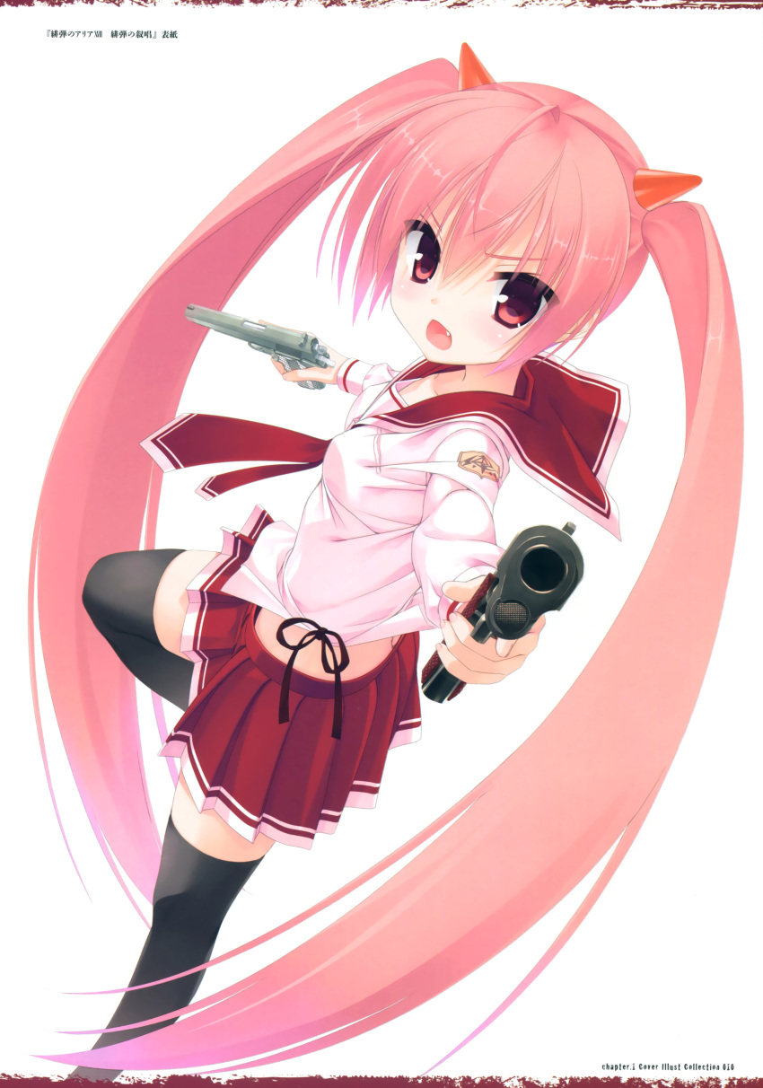 1girl absurdres bangs black_legwear breasts character_request dual_wielding eyebrows_visible_through_hair fang gun hair_ornament handgun hidan_no_aria highres holding holding_weapon kobuichi long_hair long_sleeves looking_back open_mouth pink_hair pleated_skirt red_eyes red_skirt school_uniform serafuku simple_background skirt small_breasts solo thigh-highs translation_request trigger_discipline twintails very_long_hair weapon white_background zettai_ryouiki
