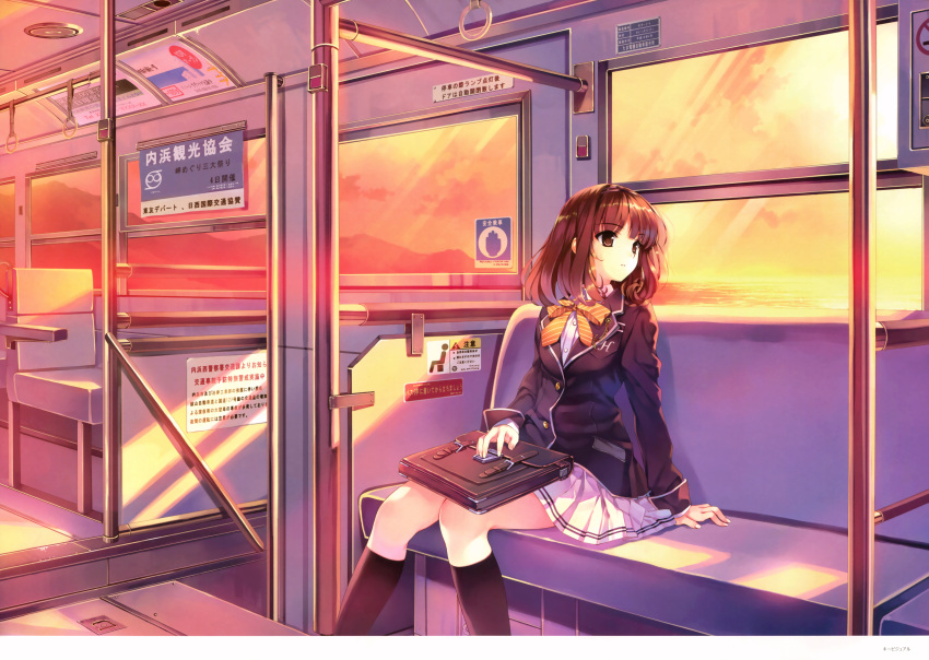 absurdres bag black_legwear blue_jacket bow bowtie brown_eyes brown_hair closed_mouth clouds cloudy_sky day eyebrows_visible_through_hair highres huge_filesize jacket knees_together_feet_apart long_sleeves misaki_kurehito official_art orange_neckwear orange_sky sasaki_kaori school_bag school_uniform seat shirt short_hair sitting sky socks sunlight sunset train_interior ushinawareta_mirai_wo_motomete white_shirt