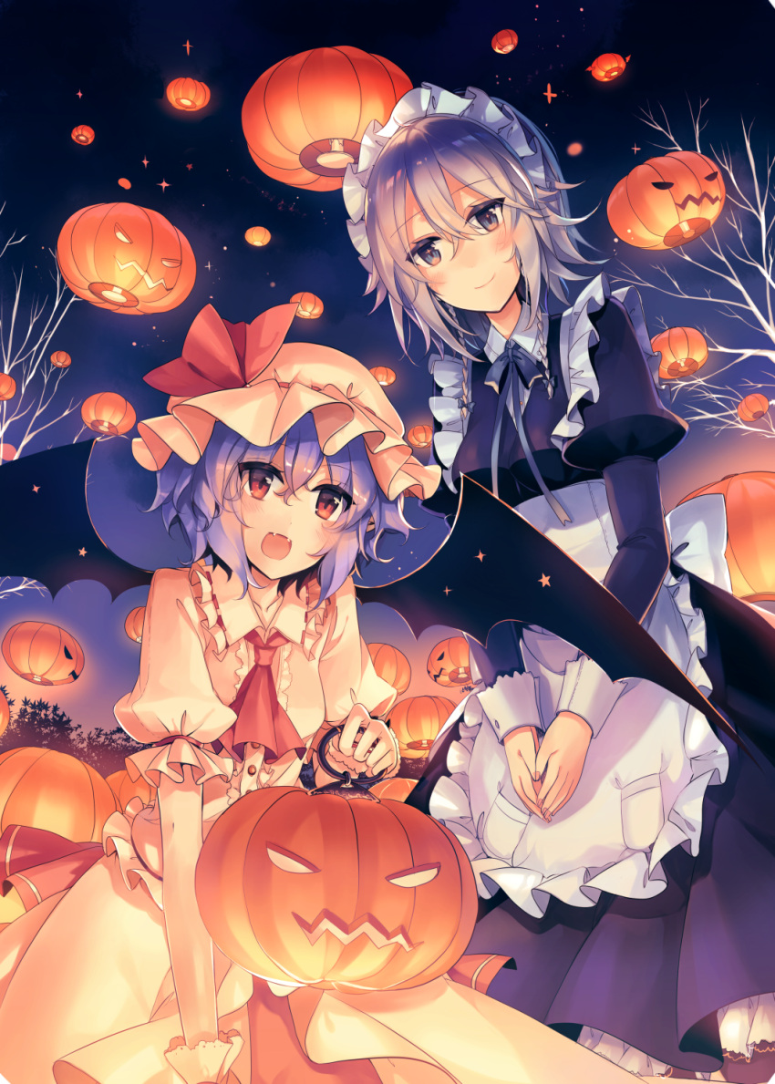 2girls apron ascot blue_eyes blue_hair blue_neckwear blue_ribbon blush breasts commentary_request fang frilled_apron frills halloween hat hat_ribbon highres izayoi_sakuya jack-o'-lantern juliet_sleeves kirero long_sleeves looking_at_viewer maid_apron maid_headdress mob_cap multiple_girls neck_ribbon night night_sky open_mouth petticoat puffy_short_sleeves puffy_sleeves pumpkin red_eyes red_neckwear red_ribbon remilia_scarlet ribbon short_hair short_sleeves sky small_breasts smile touhou tree v_arms white_hair wrist_cuffs