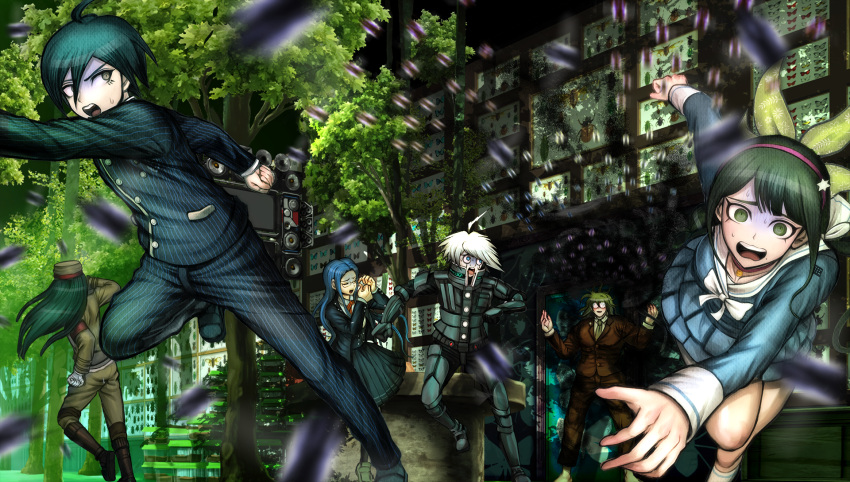 2girls 4boys ahoge android bandage bandaged_hands bangs black_hair blazer blue_eyes blue_hair boots brown_hair bug chabashira_tenko choker closed_eyes crazy_smile dangan_ronpa eyelashes fleeing gakuran game_cg glasses gokuhara_gonta green_eyes green_hair hair_between_eyes hair_ornament hair_ribbon hairband hat highres insect jacket keebo komatsuzaki_rui long_hair long_sleeves looking_at_viewer looking_back mole mole_under_mouth monitor multiple_boys multiple_girls necktie new_dangan_ronpa_v3 official_art open_mouth orange_ribbon pants parted_bangs pinstripe_pattern pleated_skirt power_armor ribbon round_eyewear running saihara_shuuichi scared school_uniform serafuku shinguuji_korekiyo shirogane_tsumugi silver_hair skirt smile striped sweat sweatdrop twintails yellow_eyes