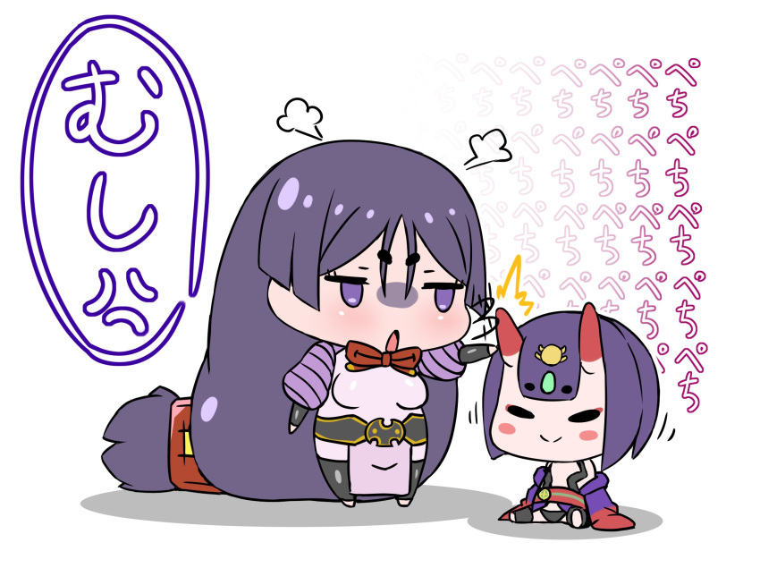 2girls :o absurdly_long_hair angry black_legwear black_panties chibi closed_eyes closed_mouth commentary_request fate/grand_order fate_(series) gem headpiece highres hitting horns japanese_clothes jitome kimono long_hair low-tied_long_hair minamoto_no_raikou_(fate/grand_order) multiple_girls obi off_shoulder oni oni_horns onomatopoeia panties pelvic_curtain puffy_short_sleeves puffy_sleeves purple_hair rei_(rei_rr) sash short_eyebrows short_hair short_sleeves shuten_douji_(fate/grand_order) simple_background sitting smile standing thigh-highs translation_request underwear very_long_hair violet_eyes white_background wide_sleeves