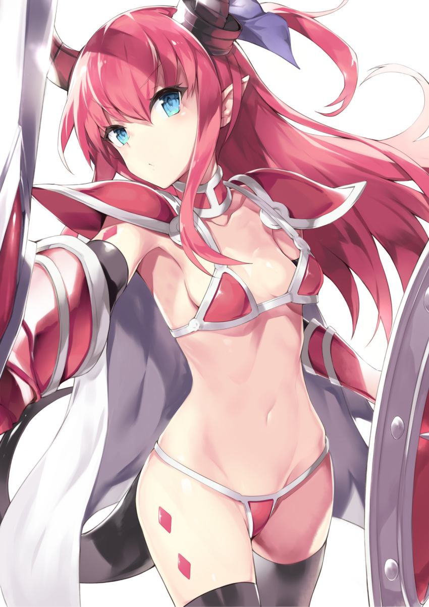 1girl :&lt; armor bangs black_legwear blue_eyes breasts cape closed_mouth cowboy_shot curled_horns elizabeth_bathory_(brave)_(fate) elizabeth_bathory_(fate)_(all) eyebrows_visible_through_hair fate/grand_order fate_(series) groin highres holding holding_shield holding_sword holding_weapon long_hair looking_at_viewer mafu9 navel pauldrons pink_hair pointy_ears serious shield shoulder_armor sideboob simple_background small_breasts solo standing stomach sword tail thigh-highs two_side_up v-shaped_eyebrows vambraces very_long_hair weapon white_background white_cape