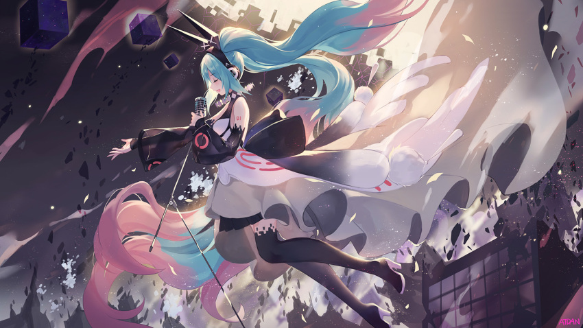 1girl aqua_hair atdan black_legwear building closed_eyes cube detached_sleeves dress forever_7th_capital from_side gradient hatsune_miku headphones high_heels long_hair microphone microphone_stand multicolored_hair music open_mouth outdoors pink_hair shards singing smile solo thigh-highs twintails two-tone_hair very_long_hair vocaloid white_dress white_footwear wings