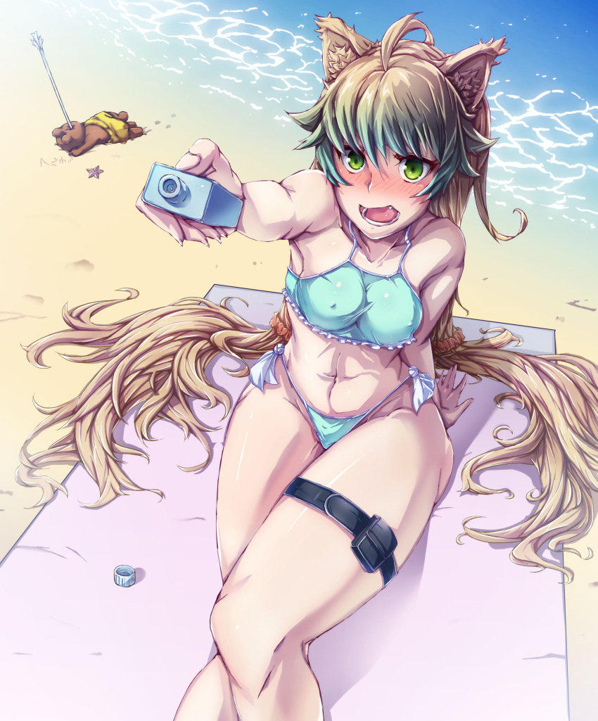 1girl absurdres ahoge animal_ears archer_of_red arm_support beach_towel bech bikini blonde_hair blush breasts cat_ears erect_nipples fang fate/apocrypha fate_(series) green_eyes green_hair hair_between_eyes highleg highleg_bikini highres long_hair medium_breasts navel ocean shikimisato shoreline solo swimsuit thigh_strap towel very_long_hair water