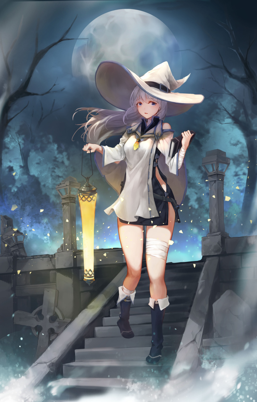 1girl absurdres bandage bandaged_leg bare_tree black_footwear blue_eyes book boots crystalherb full_moon graveyard hat hat_belt highres holding holding_book holding_lantern lantern looking_at_viewer moon night original outdoors side_cutout stairs standing stone_lantern tombstone tree white_hair white_hat witch
