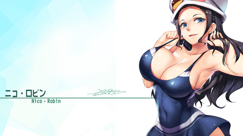 1girl 2017 alone armpit armpits arms_up bare_shoulders black_hair blue_eyes breasts character_name cleavage collarbone covered_navel cowboy_shot curvy dated dress eyewear_on_headwear female graphite_(medium) hand_in_hair hat highres huge_breasts large_breasts long_hair looking_at_viewer navel nico_robin one_piece parted_lips signature sky solo spaghetti_strap stomach strap_pull sunglasses sunglasses_on_head swimsuit traditional_media upper_body wallpaper x-boy