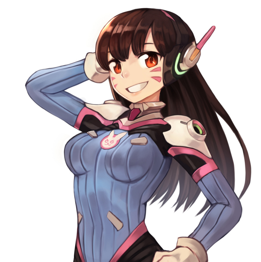 1girl :d bangs blue_bodysuit bodysuit breasts brown_hair d.va_(overwatch) facial_mark gloves hand_behind_head hand_on_headphones hand_on_hip hand_up headphones highres long_hair looking_at_viewer medium_breasts open_mouth overwatch red_eyes simple_background smile solo sookmo standing upper_body white_background white_gloves