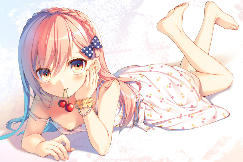 1girl bad_source barefoot bow bracelet braid brown_eyes cherry chin_rest crown_braid downblouse dress eyebrows_visible_through_hair food french_braid fruit full_body hair_bow highres jewelry long_hair lying mouth_hold on_stomach original pink_hair print_dress solo strap_slip toosaka_asagi
