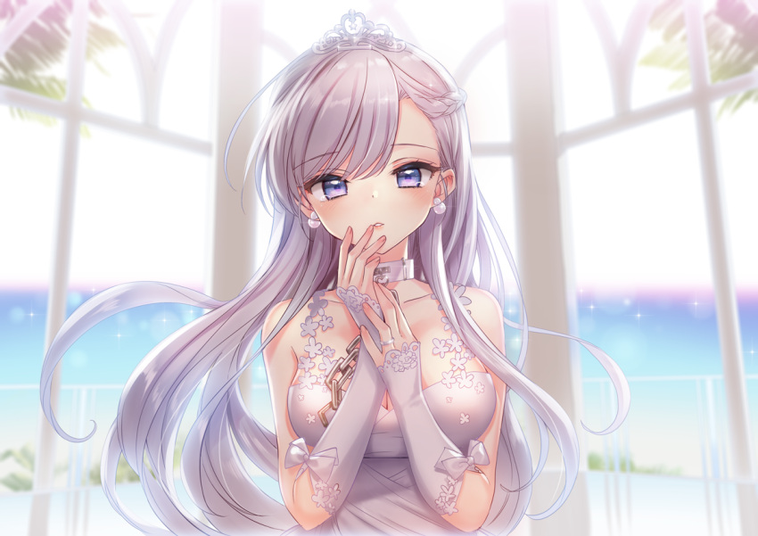 1girl alternate_costume azur_lane bangs bare_shoulders belfast_(azur_lane) blurry blurry_background blush bow braid breasts broken broken_chain chains choker cleavage collarbone commentary_request dress earrings eyebrows_visible_through_hair eyelashes french_braid glint gloves hand_on_own_face happy_tears jewelry long_hair looking_at_viewer own_hands_together parted_lips ring silver_hair single_braid sleeveless sleeveless_dress swept_bangs tearing_up tears tiara tsukigami_runa upper_body violet_eyes wedding_band wedding_dress white_bow white_dress white_gloves window