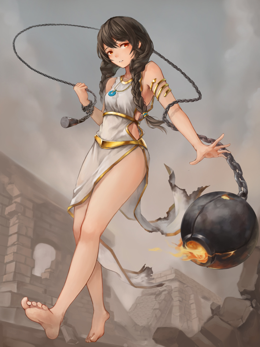 1girl absurdres armlet ball_and_chain barefoot black_hair braid brown_eyes crystalherb fire full_body grey_sky highres jewelry looking_at_viewer necklace original outdoors parted_lips ruins tan twin_braids walking
