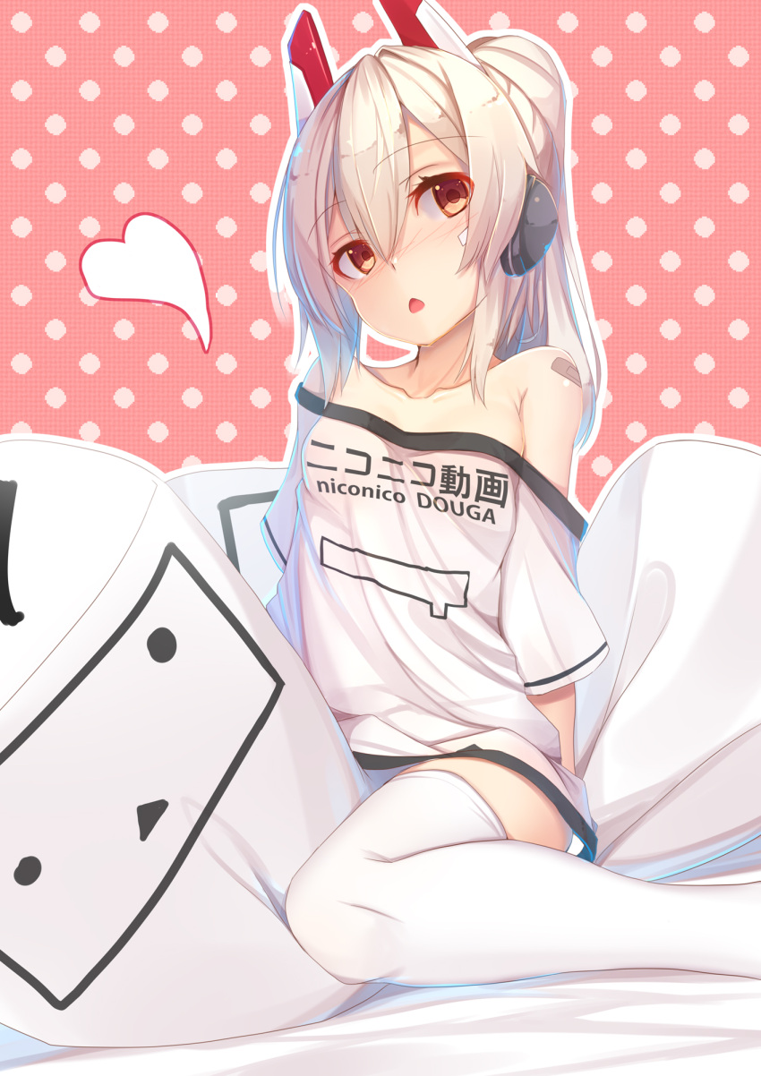 1girl animal_ears arm_at_side arm_support ayanami_(azur_lane) azur_lane bangs bare_shoulders bed_sheet blush breasts brown_eyes collarbone commentary_request copyright_name eyebrows_visible_through_hair hair_between_eyes head_tilt headphones heart high_ponytail highres looking_at_viewer niconico nose_blush off-shoulder_shirt parted_lips pillow pink_background polka_dot polka_dot_background ponytail shirt short_sleeves silver_hair sitting small_breasts solo tatapopo terebi-chan thigh-highs white_background white_shirt