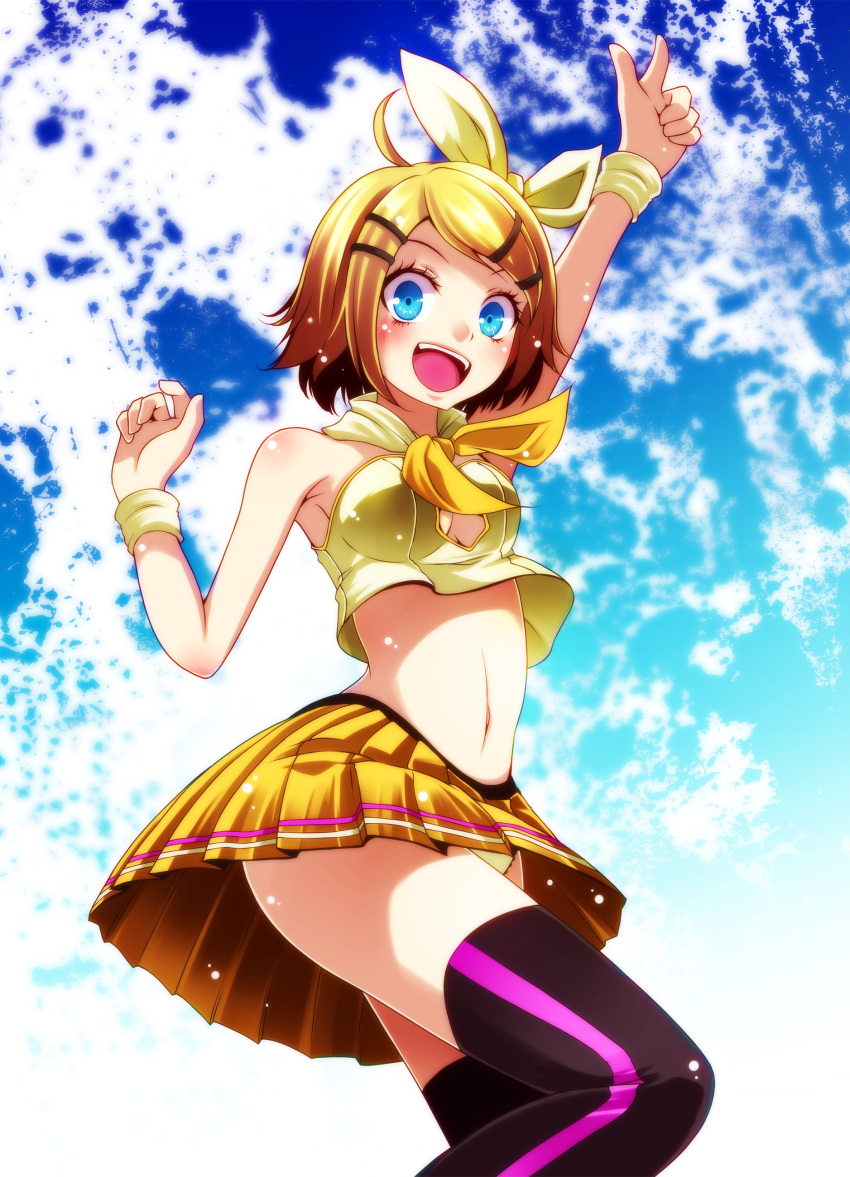 1girl absurdres ahoge blonde_hair blue_eyes blue_sky blush breasts cheerleader cleavage cleavage_cutout clouds highres jumping kagamine_rin medium_breasts navel pointing pointing_up project_diva_(series) ribbon sky smile striped striped_legwear thigh-highs thighs tsukishiro_saika under_boob upskirt vertical-striped_legwear vertical_stripes vocaloid wristband yellow_ribbon