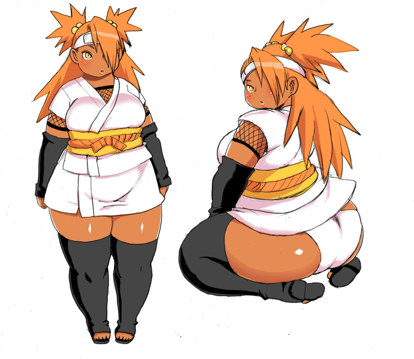 1girl akimichi_chouchou ass black_legwear boruto:_naruto_next_generations dark_skin detached_sleeves hair_over_one_eye highres kojima_video looking_at_viewer naruto o3o orange_hair parted_lips plump simple_background solo spiky_hair thick_thighs thigh-highs thighs twintails