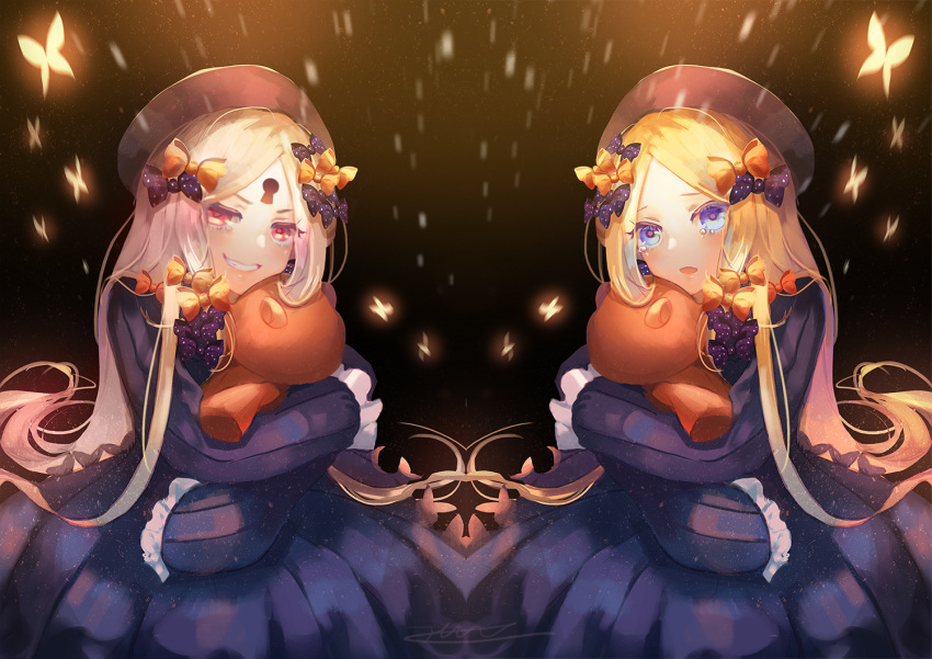 2girls abigail_williams_(fate/grand_order) akira_aishi bangs black_bow black_dress black_hat blonde_hair blue_eyes blush bow butterfly commentary_request dress dual_persona fate/grand_order fate_(series) forehead grin hair_bow hat head_tilt keyhole long_hair long_sleeves looking_at_viewer multiple_girls object_hug orange_bow parted_bangs parted_lips polka_dot polka_dot_bow red_eyes signature sleeves_past_wrists smile stuffed_animal stuffed_toy tears teddy_bear very_long_hair white_hair