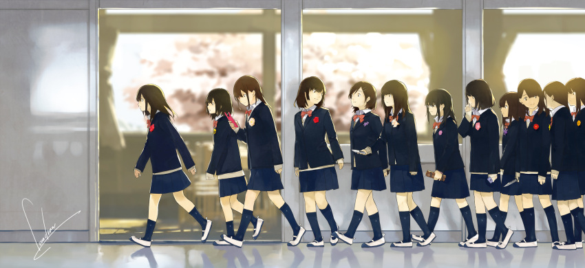 1girl 6+girls blue_jacket blue_legwear blue_skirt blurry blurry_background bob_cut bow bowtie brown_eyes brown_hair cellphone classroom closed_mouth commentary_request depth_of_field door dynamite flower highres holding holding_knife holding_phone holding_weapon jacket kneehighs knife long_hair long_sleeves loundraw multiple_girls navy_blue_legwear original phone pleated_skirt red_neckwear school school_uniform shoes short_hair signature skirt sleeves_past_wrists smartphone smile socks standing walking weapon when_you_see_it white_footwear window
