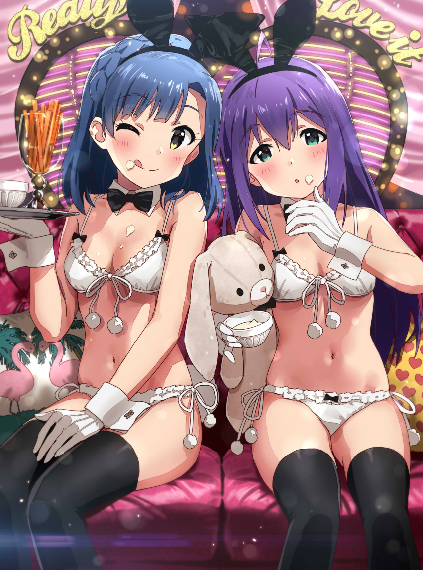 2girls :o ;q absurdres ahoge animal_ears animal_print aqua_eyes bangs bird black_bow black_hairband black_legwear black_neckwear blue_hair bow bow_panties bowtie bra braid breasts cleavage closed_mouth couch cream cream_on_face crown_braid cup detached_collar drinking_glass eyebrows_visible_through_hair fake_animal_ears flamingo food food_on_face frilled_bra frilled_panties frills front-hook_bra gloves hairband hand_on_lap hand_up head_tilt heart heart_print highres holding holding_cup holding_tray idolmaster idolmaster_million_live! lens_flare light_particles long_hair looking_at_viewer medium_breasts mochizuki_anna multiple_girls nanao_yuriko on_couch one_eye_closed panties parted_lips pillow pom_pom_(clothes) rabbit_ears ribbon short_hair side-tie_panties sitting small_breasts sonsoso stuffed_animal stuffed_bunny stuffed_toy tareme thigh-highs thumb_to_mouth tongue tongue_out tray underwear underwear_only violet_eyes white_bra white_gloves white_panties white_ribbon wrist_cuffs yellow_eyes