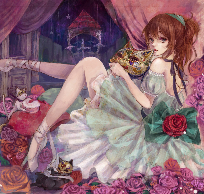 1girl bare_shoulders black_cat blue_eyes brown_hair cat cat_mask closed_mouth commentary_request curtains detached_sleeves dress flower from_side green_dress hair_up highres holding holding_mask leg_ribbon leg_up lipstick looking_at_viewer lying makeup mask neck_ribbon on_back orange_rose original pink_rose piyoyanagi puffy_short_sleeves puffy_sleeves purple_ribbon purple_rose red_lipstick red_rose ribbon rose short_sleeves sitting solo standing star white_cat white_footwear white_ribbon