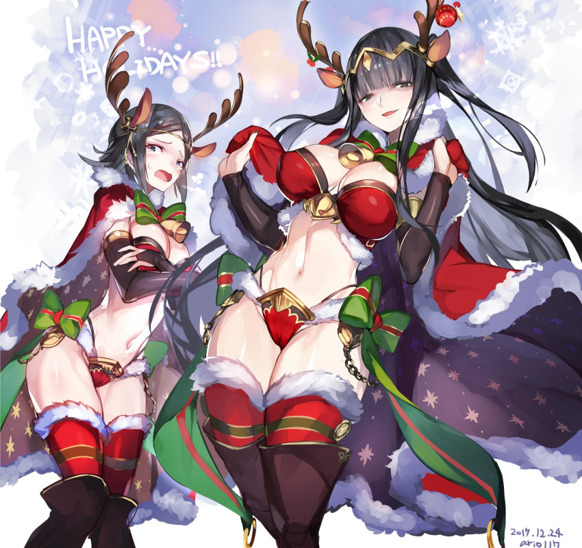 2girls animal_ears antlers ario artist_name bangs bell black_eyes black_hair blunt_bangs bow bra breasts cape cleavage dated embarrassed fire_emblem fire_emblem_if green_bow hands_up highres large_breasts looking_at_viewer mother_and_daughter multiple_girls navel noire_(fire_emblem) panties red_bra red_legwear red_panties santa_costume smile snowflake_print standing stomach sweatdrop tharja thigh-highs underwear