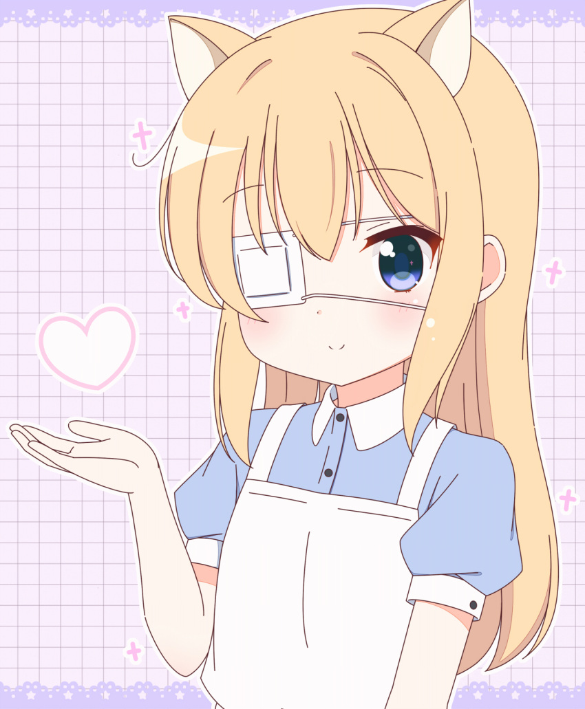 1girl animal_ears blonde_hair blue_eyes blush cat_ears closed_mouth eyebrows_visible_through_hair eyepatch heart highres kurea_(a114019) long_hair looking_at_viewer original short_sleeves smile solo upper_body