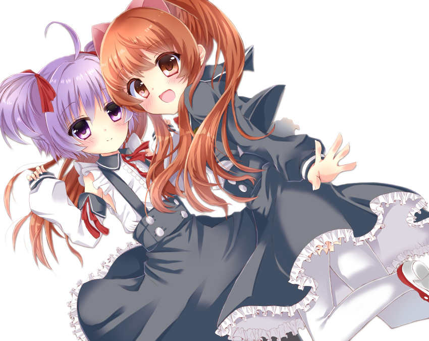 2girls :d ahoge aloe_(quiz_magic_academy) animal_ears bangs black_jacket black_skirt blush brown_eyes brown_hair cat_ears closed_mouth collared_shirt commentary_request detached_sleeves eyebrows_visible_through_hair fingernails frilled_skirt frills funakoshi hair_between_eyes high-waist_skirt highres jacket long_sleeves looking_at_viewer multiple_girls myu_(quiz_magic_academy) open_mouth outstretched_arm purple_hair quiz_magic_academy red_footwear red_neckwear red_ribbon ribbon shirt shoes sidelocks simple_background skirt sleeveless sleeveless_shirt sleeves_past_wrists smile suspender_skirt suspenders thigh-highs twintails two_side_up violet_eyes white_background white_legwear white_shirt