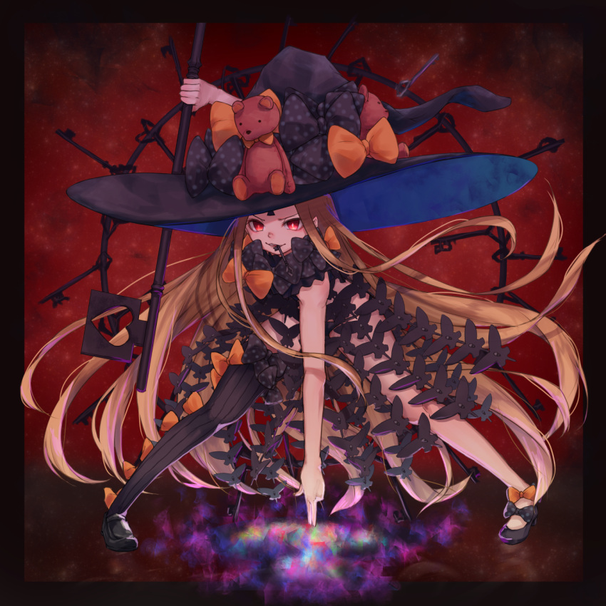 1girl abigail_williams_(fate/grand_order) asymmetrical_legwear bangs black_bow black_hat black_legwear black_panties blonde_hair bow fate/grand_order fate_(series) hat highres key keychain long_hair looking_at_viewer mouth_hold orange_bow panties polka_dot polka_dot_bow red_eyes revealing_clothes single_thighhigh smile solo stuffed_animal stuffed_toy teddy_bear thigh-highs underwear very_long_hair yuurei447