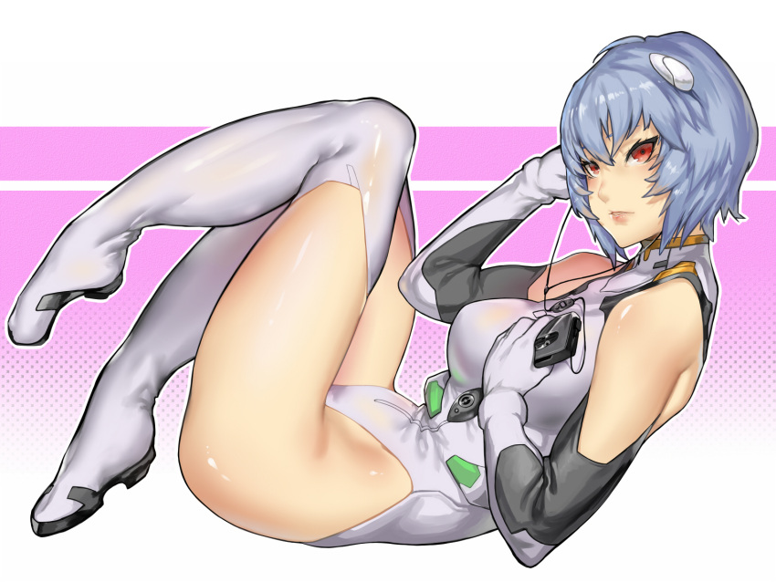 1girl adapted_costume ayanami_rei bare_shoulders blue_hair breasts cassette_player elbow_gloves full_body gloves hair_between_eyes headphones highres kumiko_shiba leotard lips looking_at_viewer medium_breasts neon_genesis_evangelion parted_lips red_eyes shiny shiny_clothes shiny_hair shiny_skin short_hair solo thigh-highs white_gloves white_legwear white_leotard