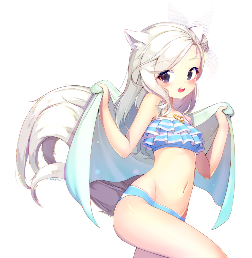1girl animal_ears bikini blade_&amp;_soul blue_bikini blush fox_ears fox_tail frilled_bikini frills highres jewelry looking_at_viewer navel necklace open_mouth raizen_(jung_0000) short_hair simple_background standing swimsuit tail violet_eyes white_background white_hair