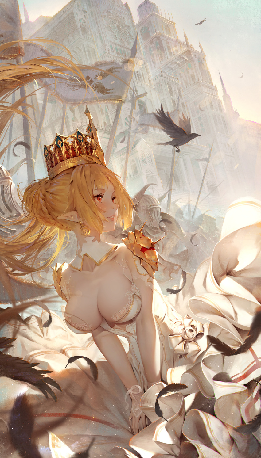 1girl absurdres bangs bird blush breasts castle cleavage cleavage_cutout crow crown dress earrings feathers highres jewelry large_breasts long_hair looking_to_the_side original outdoors parted_lips pointy_ears red_eyes solo spaulders standing toriumi_harumi tug white_dress