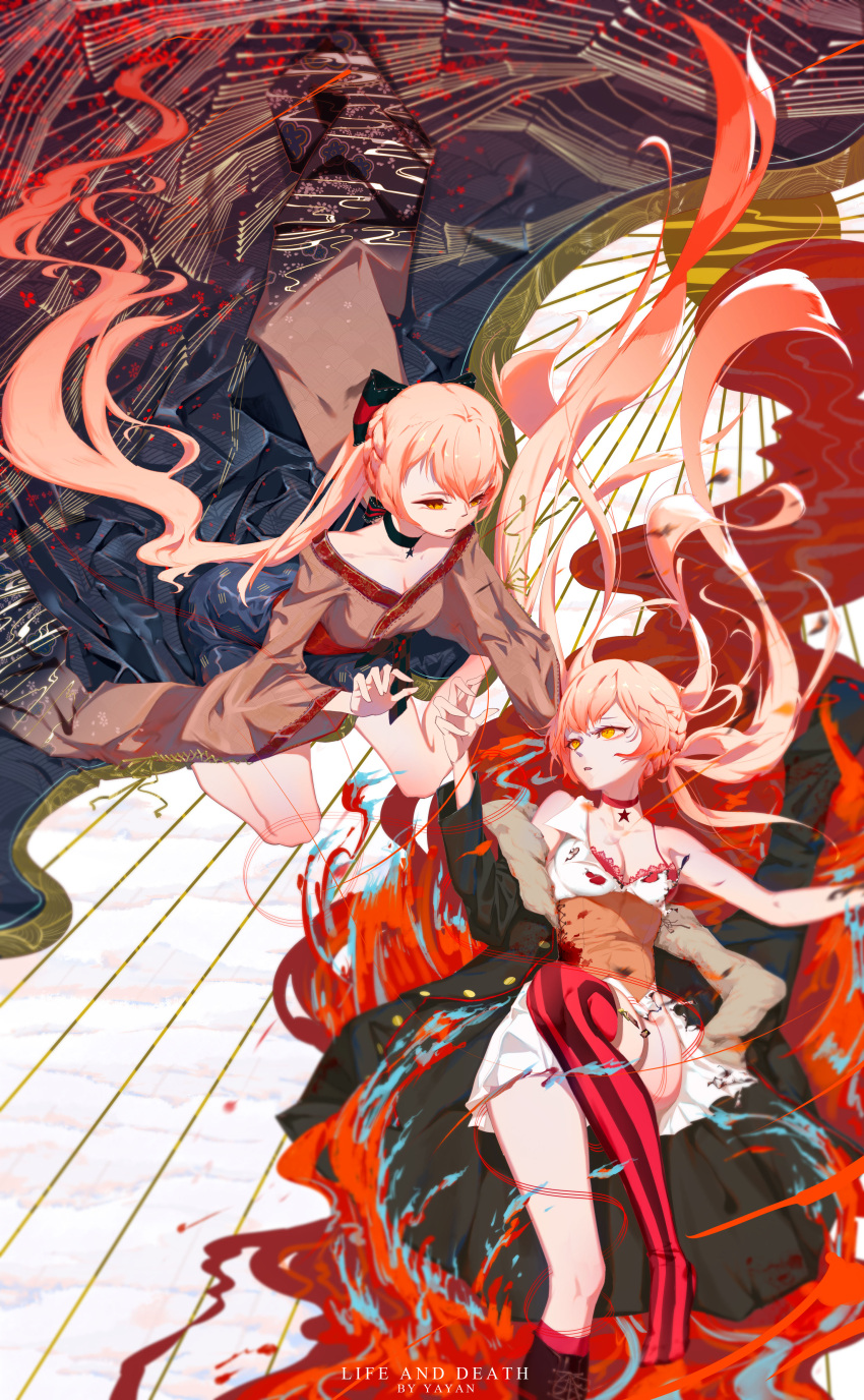 2girls absurdres alternate_costume armpit_peek artist_name bangs black_footwear black_gloves blonde_hair blood boots bow bra braid breasts chinese choker cleavage cross-laced_footwear damaged deep_wound eyebrows_visible_through_hair eyes_visible_through_hair floral_print flower french_braid full_body girls_frontline gloves hair_bow hair_ribbon hakama hakama_skirt half-closed_eyes half_gloves hand_up high-waist_skirt high_heel_boots high_heels highres injury japanese_clothes kimono knee_boots kneehighs lace lace-trimmed_bra lace-up_boots light_brown_hair lingerie long_hair looking_at_another looking_at_viewer low_ponytail lying multiple_girls off_shoulder on_back one_leg_raised open_clothes open_mouth ots-14_(girls_frontline) pink_hair pleated_skirt reaching_out red_legwear ribbon single_kneehigh single_thighhigh sitting skirt small_breasts smile solo striped striped_legwear thigh-highs thighs torn_clothes underwear vertical-striped_legwear vertical_stripes very_long_hair wariza wide_sleeves wind wind_lift ya_yan yellow_eyes