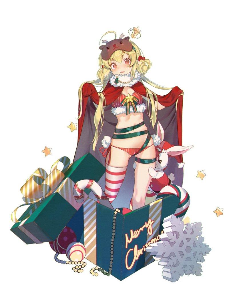 1girl ahoge bangs bikini blonde_hair box breasts candy candy_cane christmas double_bun food full_body fur_trim gift gift_box hair_between_eyes highres jidong_zhandui long_hair looking_at_viewer merry_christmas navel open_mouth rabbit red_eyes sidelocks simple_background single_thighhigh sleep_mask small_breasts snowflakes solo standing star striped striped_bikini striped_legwear swimsuit teeth thick_thighs thigh-highs thigh_strap thighs vertical_stripes white_background white_legwear xiao_chichi