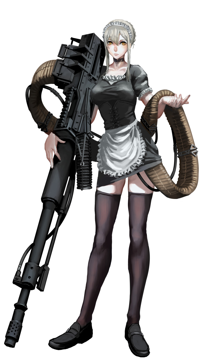 1girl absurdres ammunition_belt apron belt_feed blonde_hair braid breasts corset expressionless french_braid frills full_body gun hair_bun highres holding holding_weapon huge_weapon jittsu loafers machine_gun maid maid_headdress muzzle_brake original platinum_blonde shoes simple_background skirt solo standing thigh-highs waist_apron weapon white_background yellow_eyes zettai_ryouiki