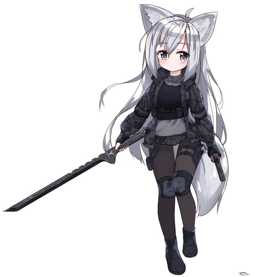 1girl animal_ears bandaid_on_leg bangs black_footwear black_legwear blush camouflage camouflage_jacket camouflage_shorts closed_mouth digital_camouflage eyebrows_visible_through_hair fox_ears fox_girl fox_tail grey_eyes gun hair_between_eyes handgun highres holding holding_gun holding_sword holding_weapon holster jacket knee_pads long_hair looking_at_viewer military_jacket open_clothes open_jacket original pantyhose pistol shoes shorts signature silver_hair simple_background solo standing standing_on_one_leg sword tail tandohark thigh_holster very_long_hair weapon white_background