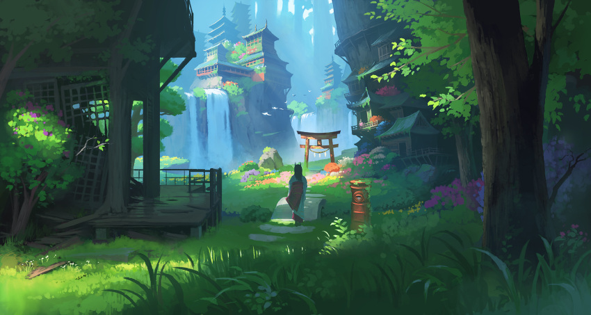1girl animal_ears black_hair commentary_request day doora_(dora0913) facing_away forest fox_ears from_behind grass highres japanese_clothes kimono long_hair nature original outdoors pagoda ruins scenery shrine solo standing statue torii tree water waterfall