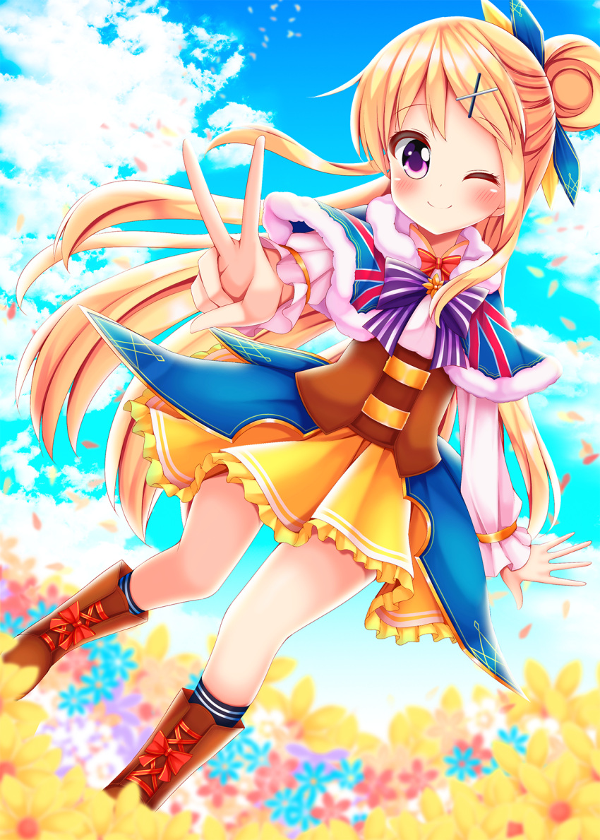 1girl ;) blonde_hair blush boots field flower flower_field hair_ornament highres kin-iro_mosaic kirara_fantasia kujou_karen long_hair looking_at_viewer minato_(ojitan_gozaru) one_eye_closed sky smile solo union_jack v violet_eyes