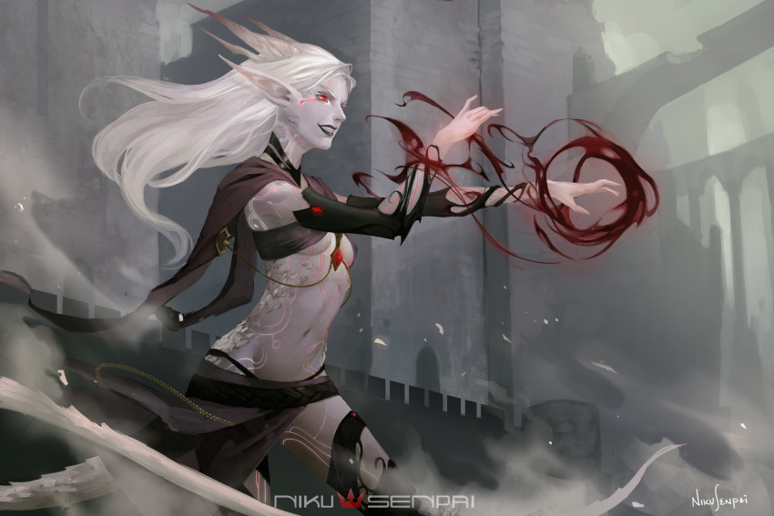 1girl artist_name black_lipstick black_panties breasts cape commentary cowboy_shot detached_sleeves dragon_tail dungeons_and_dragons elf fantasy gem grey_skin grin highres horns lipstick logo long_hair magic makeup monster_girl nikusenpai outdoors panties pointy_ears red_eyes ruins scales signature small_breasts smile solo standing tail torn_cape torn_clothes underwear white_hair
