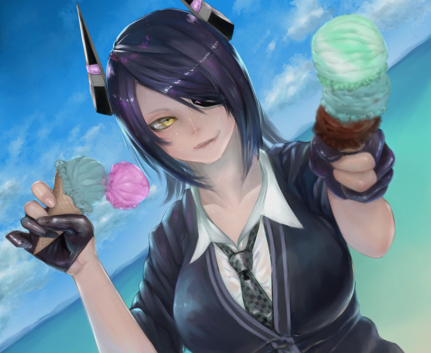 1girl :q blue_sky blurry blurry_foreground checkered checkered_neckwear collarbone collared_shirt day depth_of_field dutch_angle eyepatch food foreshortening gloves hands_up headgear highres holding holding_food ice_cream ice_cream_cone kantai_collection licking_lips looking_at_viewer medium_hair necktie ocean outdoors parted_lips partly_fingerless_gloves purple_hair shiny shiny_hair shirt sky sleeves_pushed_up smile smirk solo summer sweat sweater tenryuu_(kantai_collection) tongue tongue_out upper_body water wet wet_clothes wet_shirt white_shirt wing_collar yamashita_tomu yellow_eyes