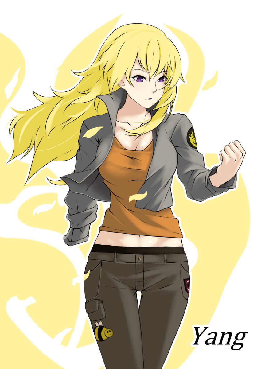 1girl absurdres amputee blonde_hair breasts character_name cleavage clenched_hand groin hair_between_eyes highres jilu large_breasts long_hair midriff navel pants rwby solo spoilers tank_top thigh_gap violet_eyes white_background yang_xiao_long