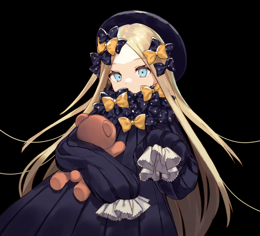 1girl abigail_williams_(fate/grand_order) bangs black_background black_bow black_dress black_hat blonde_hair blue_eyes bow commentary_request covered_mouth dress eyebrows_visible_through_hair fate/grand_order fate_(series) forehead hair_bow hat highres long_hair long_sleeves looking_at_viewer object_hug orange_bow parted_bangs polka_dot polka_dot_bow simple_background sleeves_past_wrists solo stuffed_animal stuffed_toy tadaomi_(amomom) teddy_bear very_long_hair