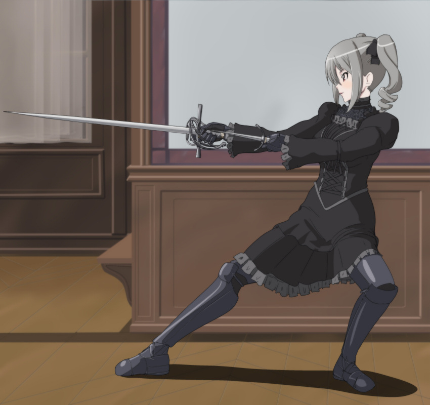 1girl armor bangs black_dress blush boots canadawbd closed_mouth commentary dagger dress dual_wielding fighting_stance from_side gauntlets greaves highres holding holding_dagger holding_sword holding_weapon idolmaster idolmaster_cinderella_girls indoors juliet_sleeves kanzaki_ranko long_sleeves metal_boots profile puffy_sleeves rapier short_hair silver_hair smile solo soul_calibur standing sword twintails violet_eyes weapon