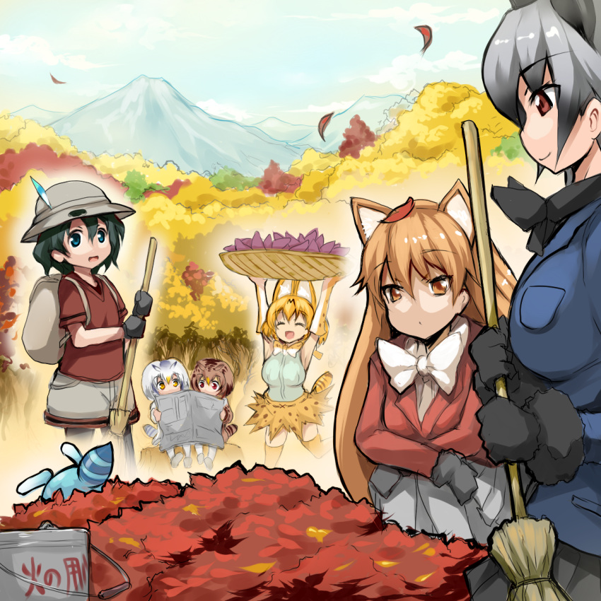 6+girls :d ^_^ animal_ears autumn_leaves backpack bag black_gloves black_hair black_legwear black_neckwear black_skirt blonde_hair blue_eyes blue_jacket bow bowtie breast_pocket broom brown_eyes brown_hair bucket bucket_hat closed_eyes clouds day elbow_gloves eurasian_eagle_owl_(kemono_friends) extra_ears eyebrows_visible_through_hair ezo_red_fox_(kemono_friends) food forest fox_ears fur_trim gloves grey_hair hat hat_feather highres holding holding_above_head holding_broom impossible_clothes impossible_shirt jacket kaban_(kemono_friends) kemono_friends leaf lucky_beast_(kemono_friends) miniskirt mountain multicolored multicolored_clothes multicolored_gloves multicolored_hair multiple_girls nature newspaper northern_white-faced_owl_(kemono_friends) open_mouth outdoors pantyhose pleated_skirt pocket print_skirt reading red_shirt serval_(kemono_friends) serval_ears serval_print serval_tail shirt short_sleeves shorts silver_fox_(kemono_friends) silver_hair sitting skirt sky sleeveless sleeveless_shirt smile sweet_potato tail tail_feathers thigh-highs tsukasawa_takamatsu white_gloves white_legwear white_neckwear white_skirt yakiimo yellow_eyes yellow_gloves yellow_legwear yellow_neckwear yellow_skirt
