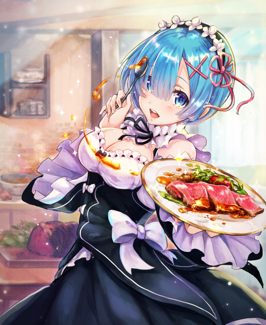 bare_shoulders blue_eyes blue_hair blush breasts commentary_request detached_collar dress eyebrows_visible_through_hair eyes_visible_through_hair food from_side hair_ornament hair_over_one_eye highres holding holding_spoon indoors kitchen large_breasts looking_at_viewer maid maid_headdress meat piyoyanagi plate re:zero_kara_hajimeru_isekai_seikatsu rem_(re:zero) ribbon-trimmed_clothes ribbon_trim sauce sparkle sunlight wide_sleeves window x_hair_ornament