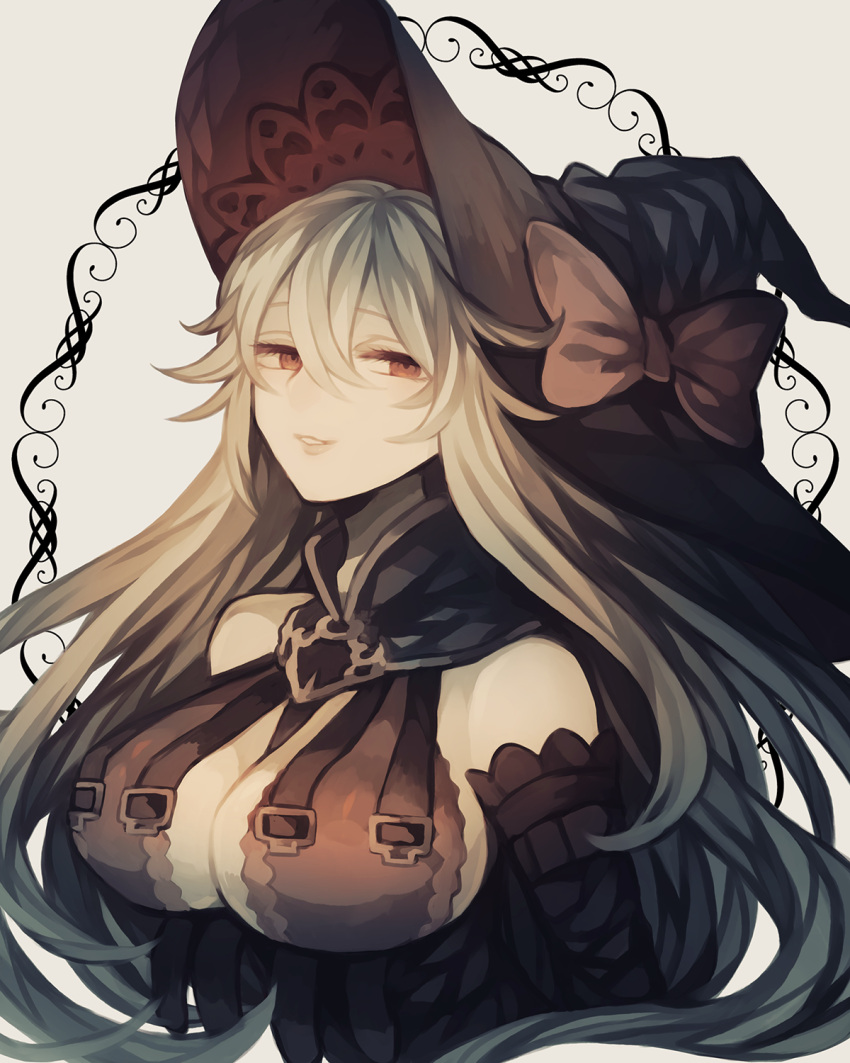 1girl bangs bare_shoulders bow breasts cleavage detached_sleeves granblue_fantasy hair_between_eyes hat hat_bow highres large_breasts long_hair looking_at_viewer magisa_(granblue_fantasy) parted_lips red_eyes silver_hair smile solo upper_body wiriam07 witch_hat