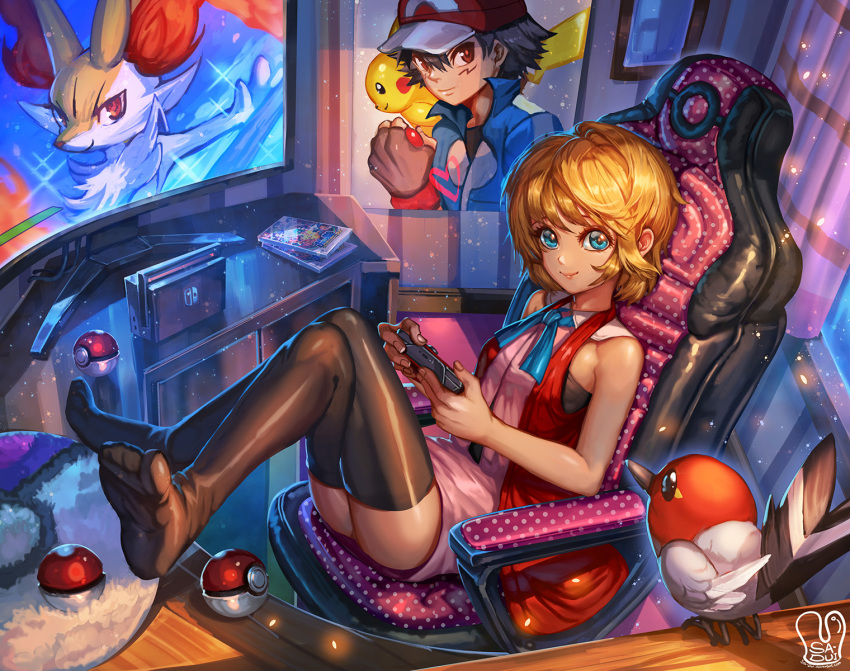 1girl black_legwear blue_eyes braixen breasts brown_hair cleavage commission controller cover fletchling game_console game_controller game_cover hair highres looking_at_viewer nintendo nintendo_switch pikachu poke_ball pokemon pokemon_(anime) pokemon_(creature) pokemon_xy_(anime) pokken_tournament sa-dui satoshi_(pokemon) serena_(pokemon) short_hair sitting smile solo television thigh-highs