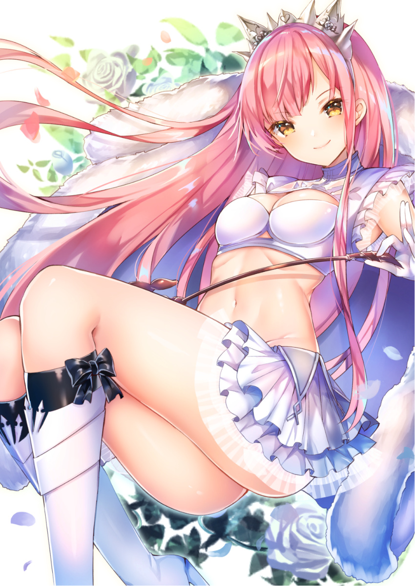 1girl bangs blunt_bangs breasts cleavage cleavage_cutout crown fate/grand_order fate_(series) flower gloves highres long_hair looking_at_viewer medb_(fate/grand_order) medium_breasts midriff navel pink_hair riding_crop rose sakofu skirt smile solo tiara white_gloves white_skirt yellow_eyes