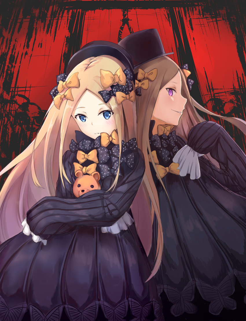2girls abigail_williams_(fate/grand_order) absurdres bangs black_bow black_dress black_hat blonde_hair blue_eyes blush bow butterfly closed_mouth commentary_request dress dual_persona eyebrows_visible_through_hair fate/grand_order fate_(series) hair_bow hat highres ky_(ky990533) long_sleeves looking_at_viewer multiple_girls noose object_hug orange_bow parted_bangs parted_lips polka_dot polka_dot_bow profile sleeves_past_wrists smile stuffed_animal stuffed_toy teddy_bear violet_eyes